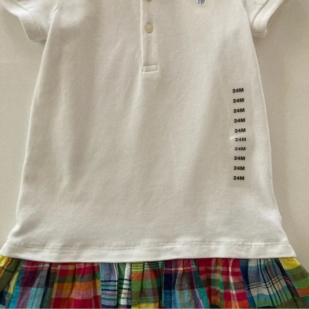 Ralph Lauren Baby Girl 24 Months White Polo Dress Plaid Trim Ruffle Spring